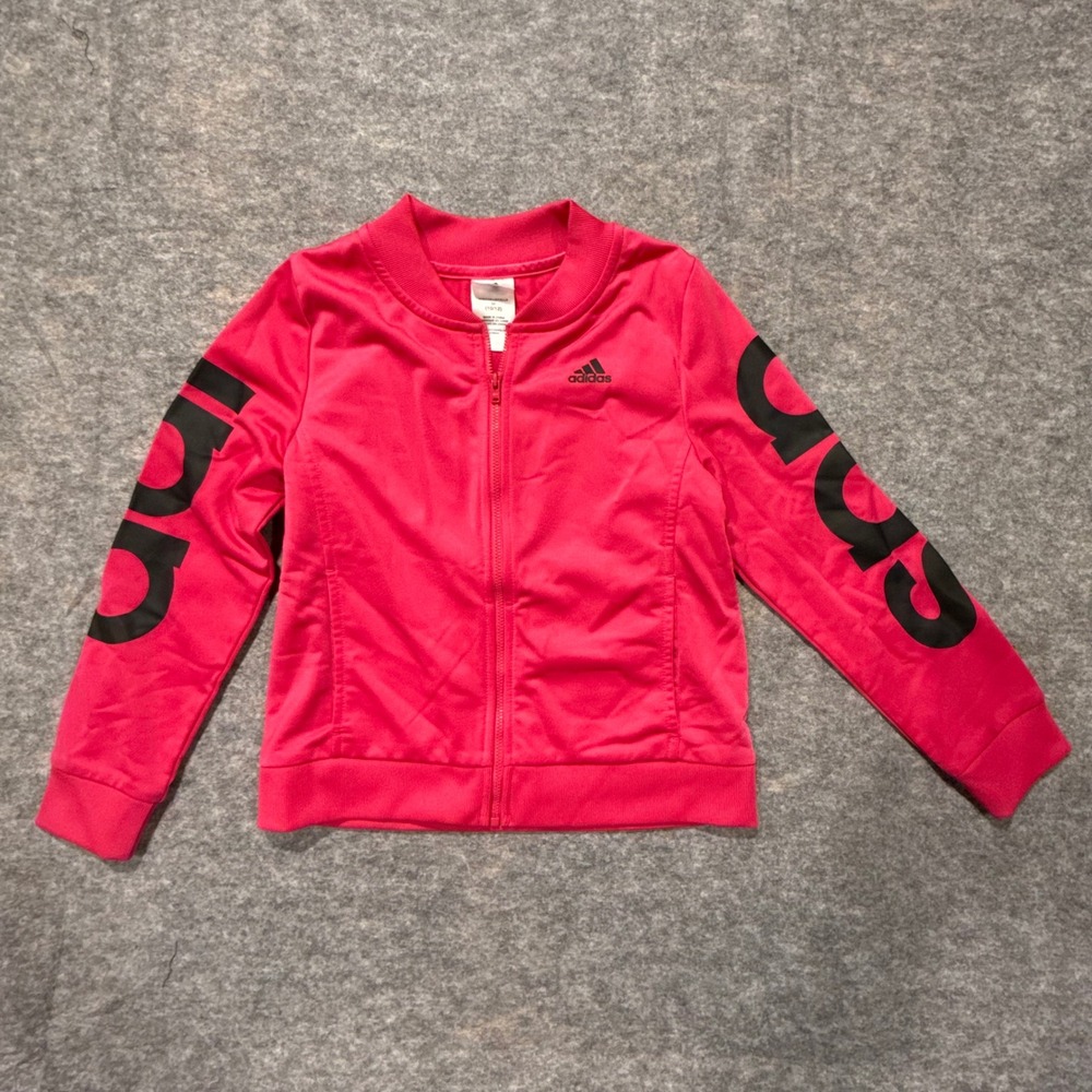 Adidas Girls Pink Track Jacket Medium 10/12 Logo Sleeve Full Zip Bomber Style‎